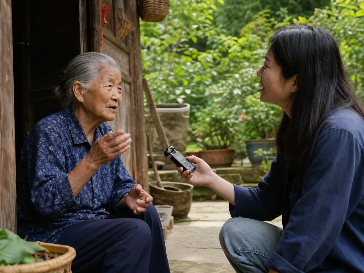 年轻人在老屋院落里记录老人讲述的家乡方言故事