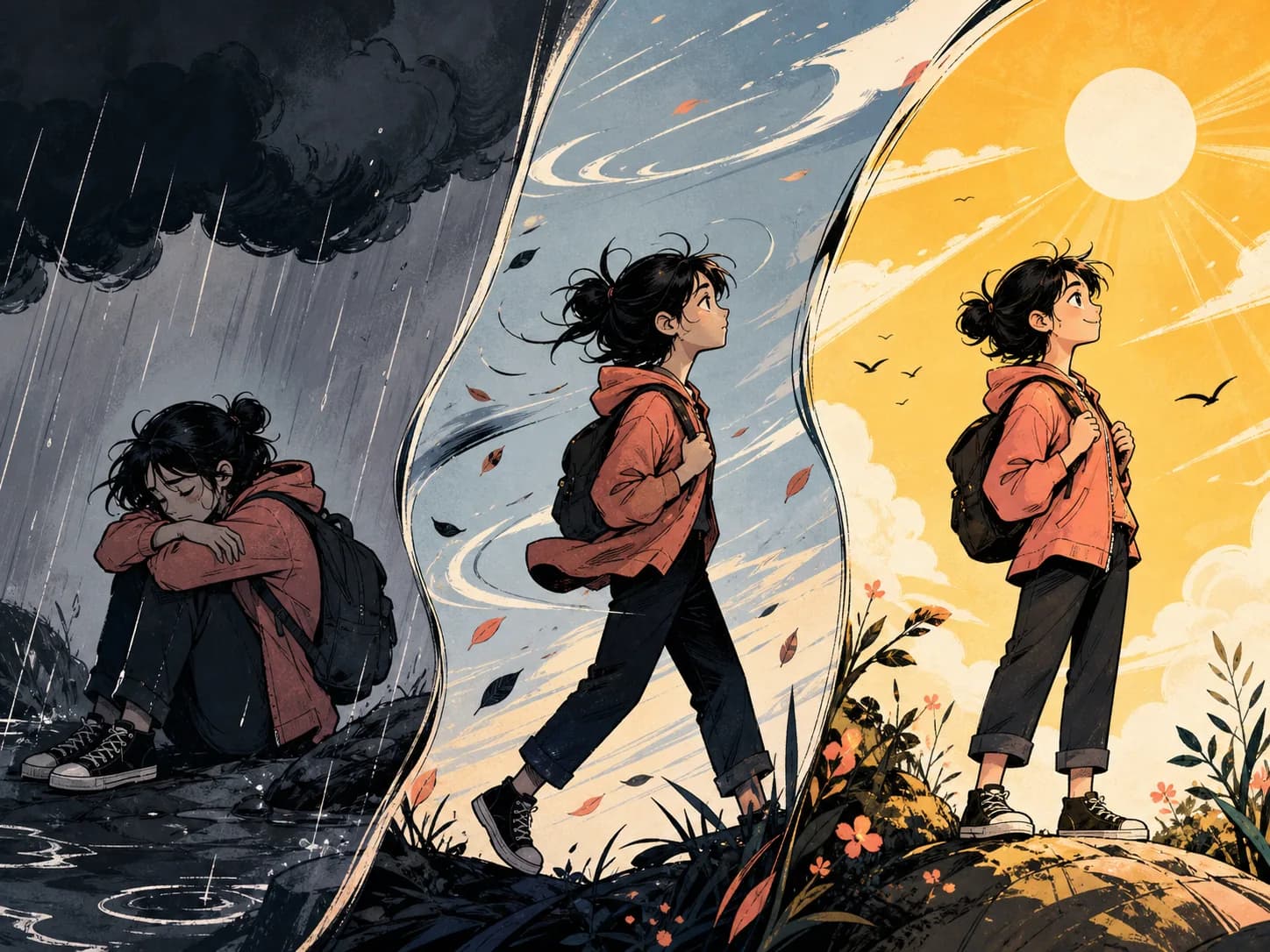 漫画分镜中的女孩从雨天情绪逐渐走向晴朗