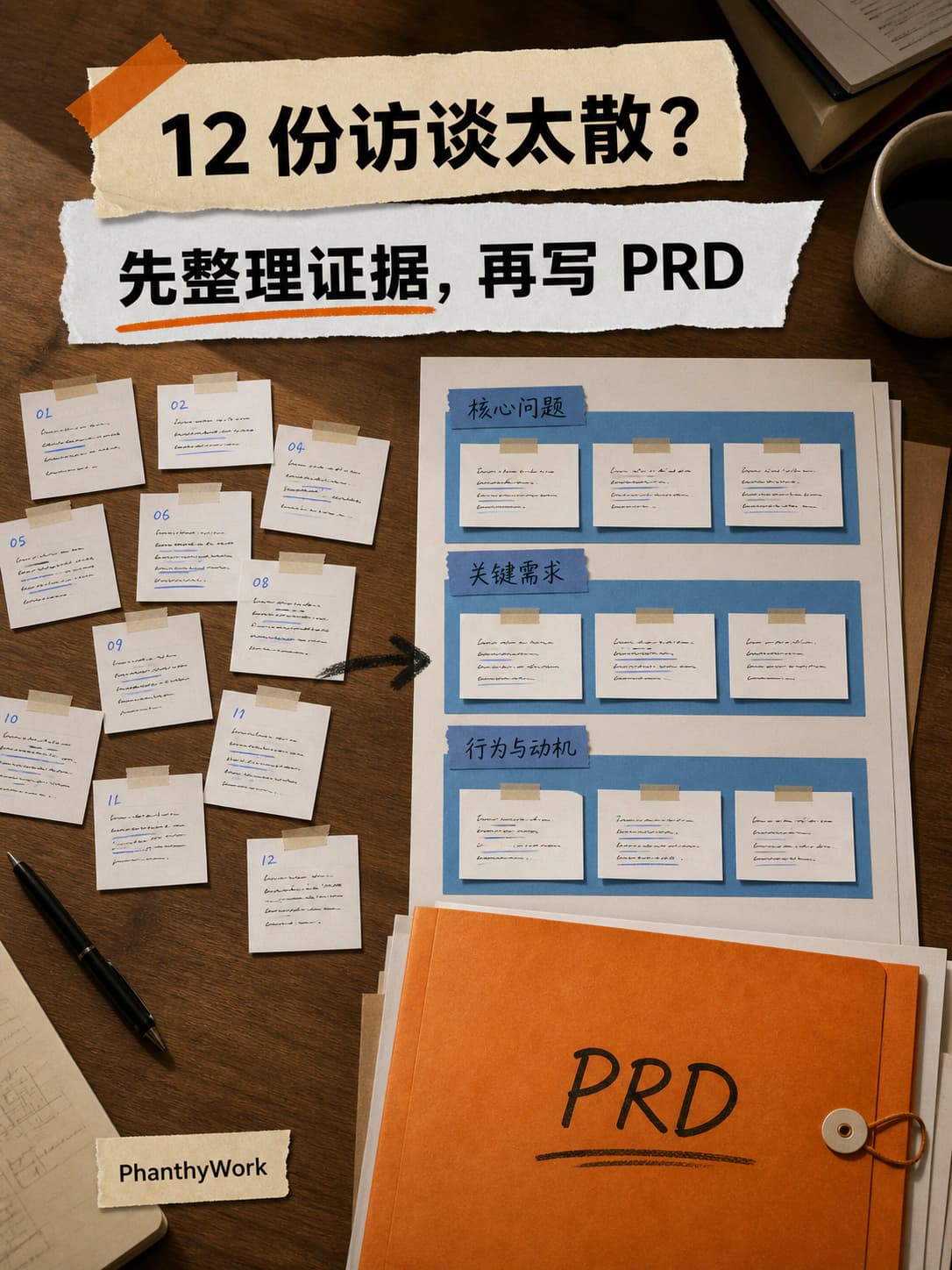 12 份访谈太散?先整理证据,再写 PRD