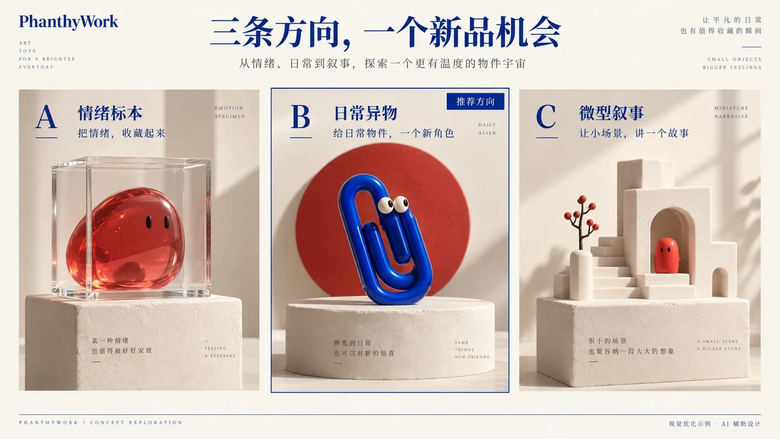 情绪标本、日常异物、微型叙事三条产品方向的视觉优化示例