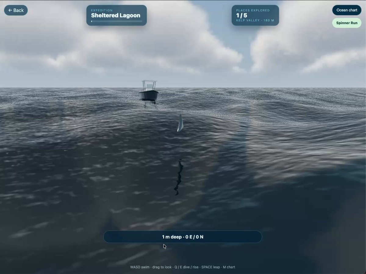 带有着色器波浪和动画海豚的 Three.js 海洋场景 提示词示例图