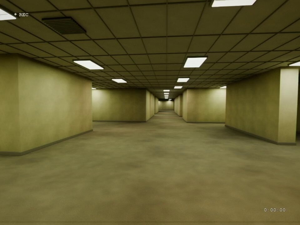 逼真的 Backrooms VHS 风格 Blender 场景 提示词示例图