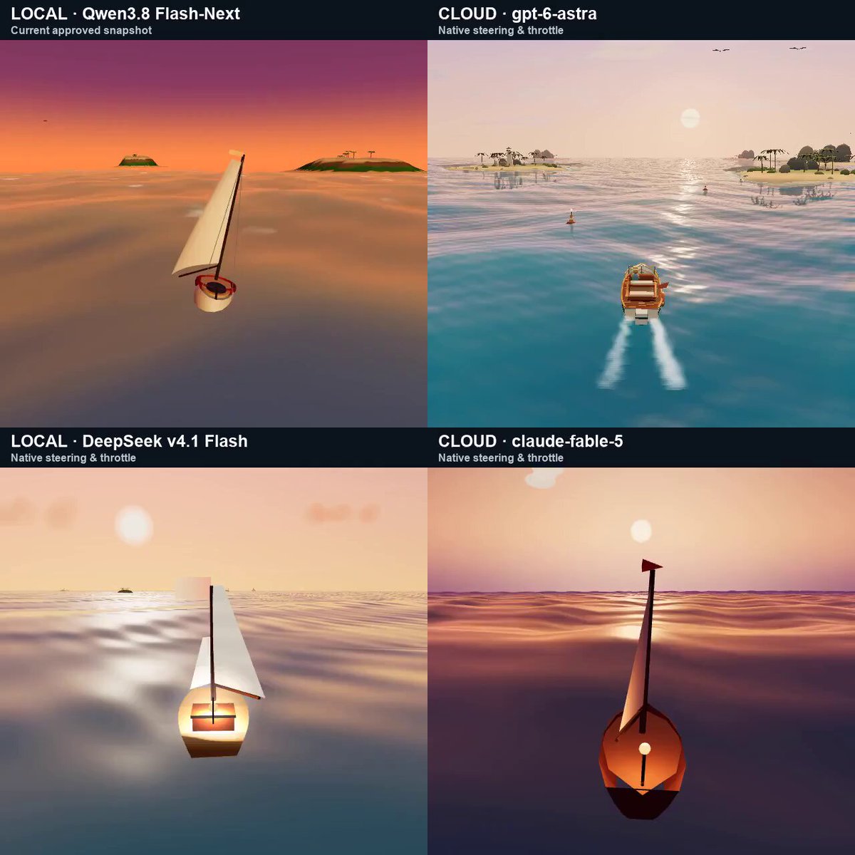 Three.js 小船游戏:GPT-6 Astra 与其他模型对比 提示词示例图