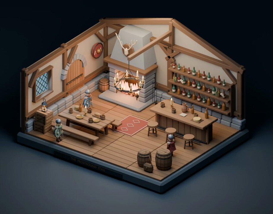 Blender 中的酒馆场景与行走士兵 提示词示例图