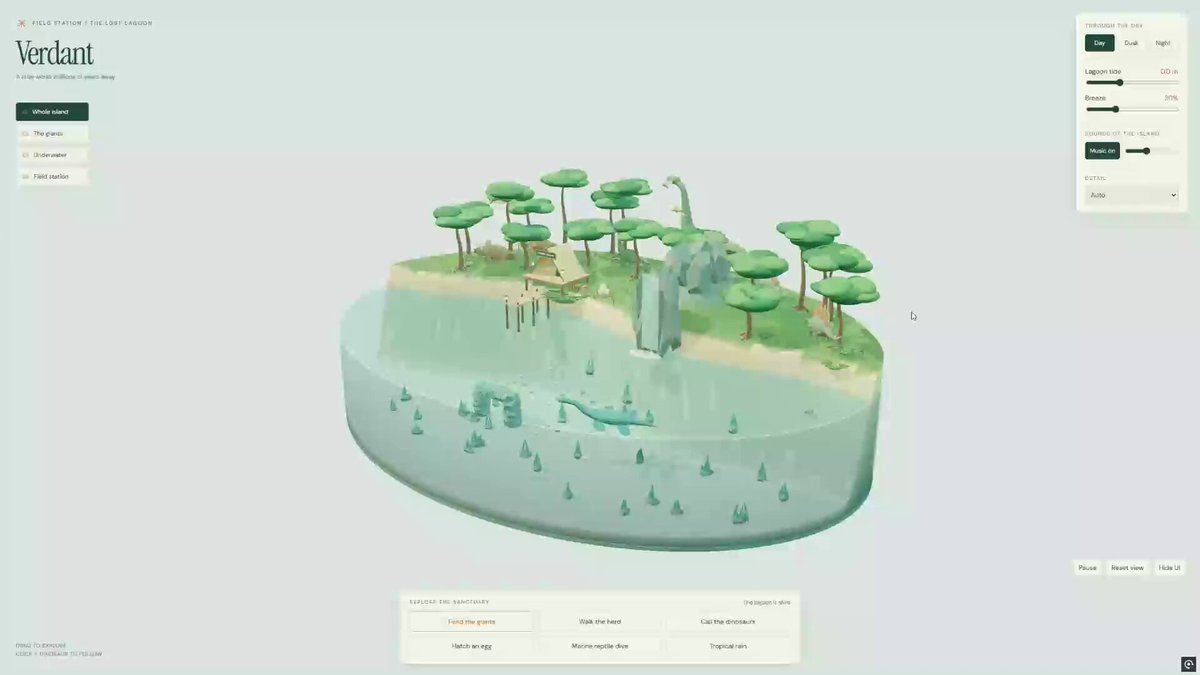Verdant Dinosaur Island Three.js 提示词示例图