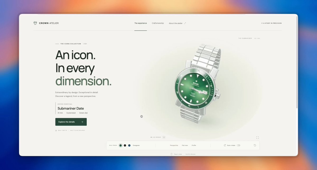 交互式 3D Rolex Submariner 渲染 提示词示例图